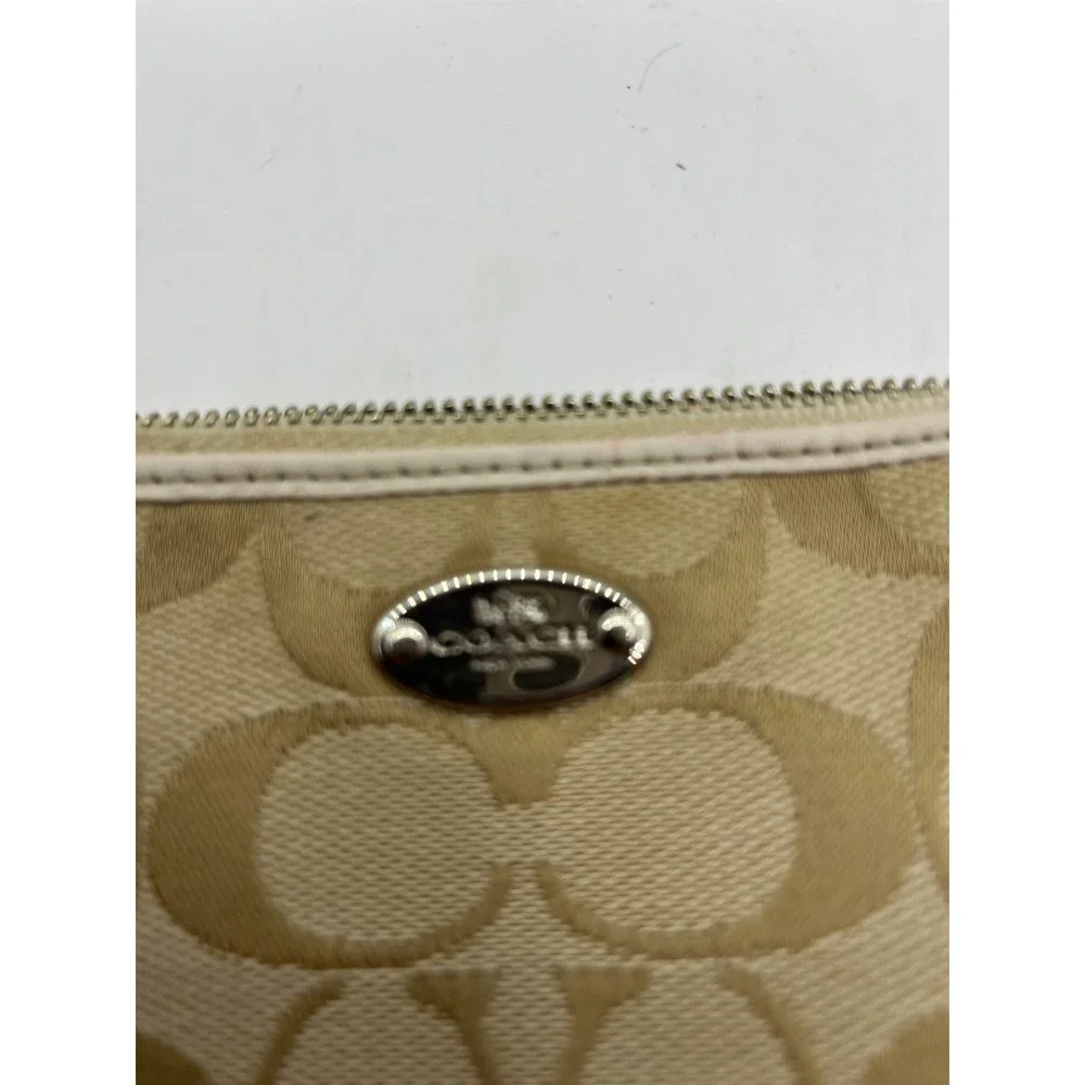 Coach Signature Canvas‎ Wristlet Pouch Beige Tan Leather Trim Charm